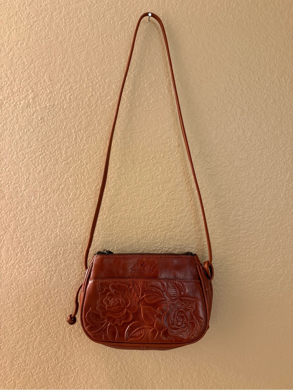 Patricia Nash Cognac Floral Embossed mini Leather Crossbody